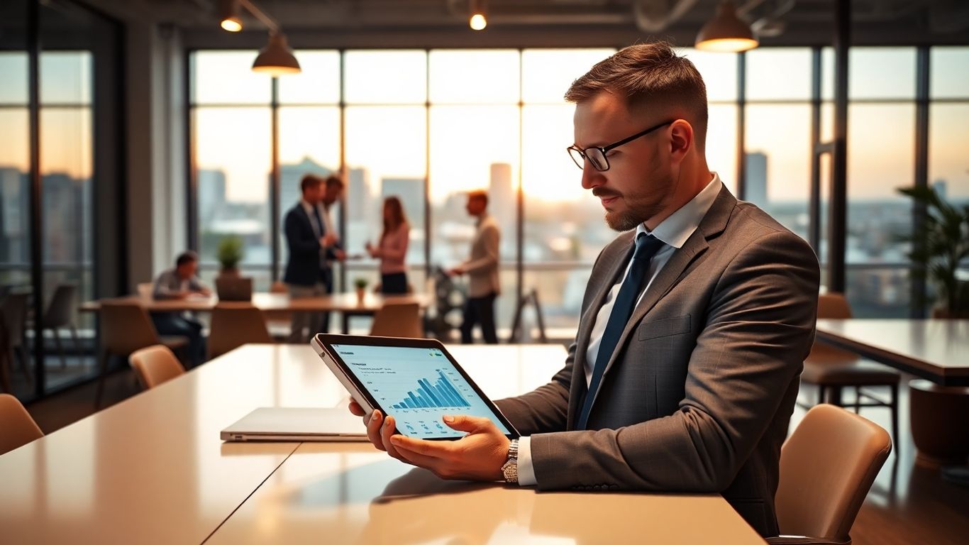 Businessperson analyzing analytics in a modern Tulsa office