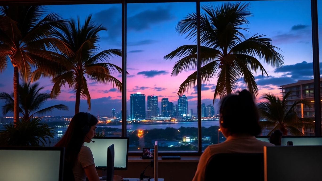 Miami office at night with customer service agents