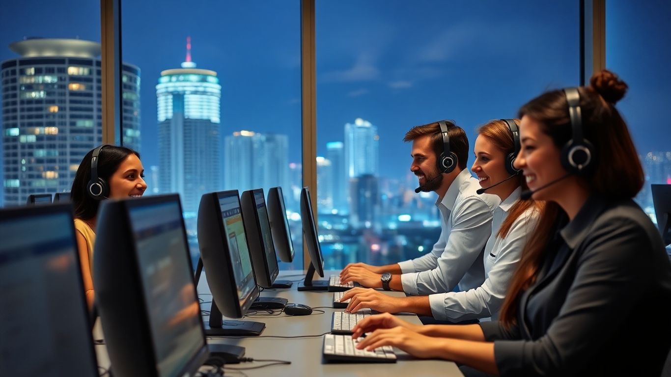 Customer service agents working at night in a Miami office