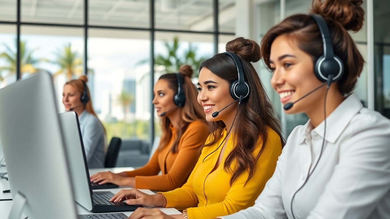 Customer service team in Miami office with skyline backdrop.