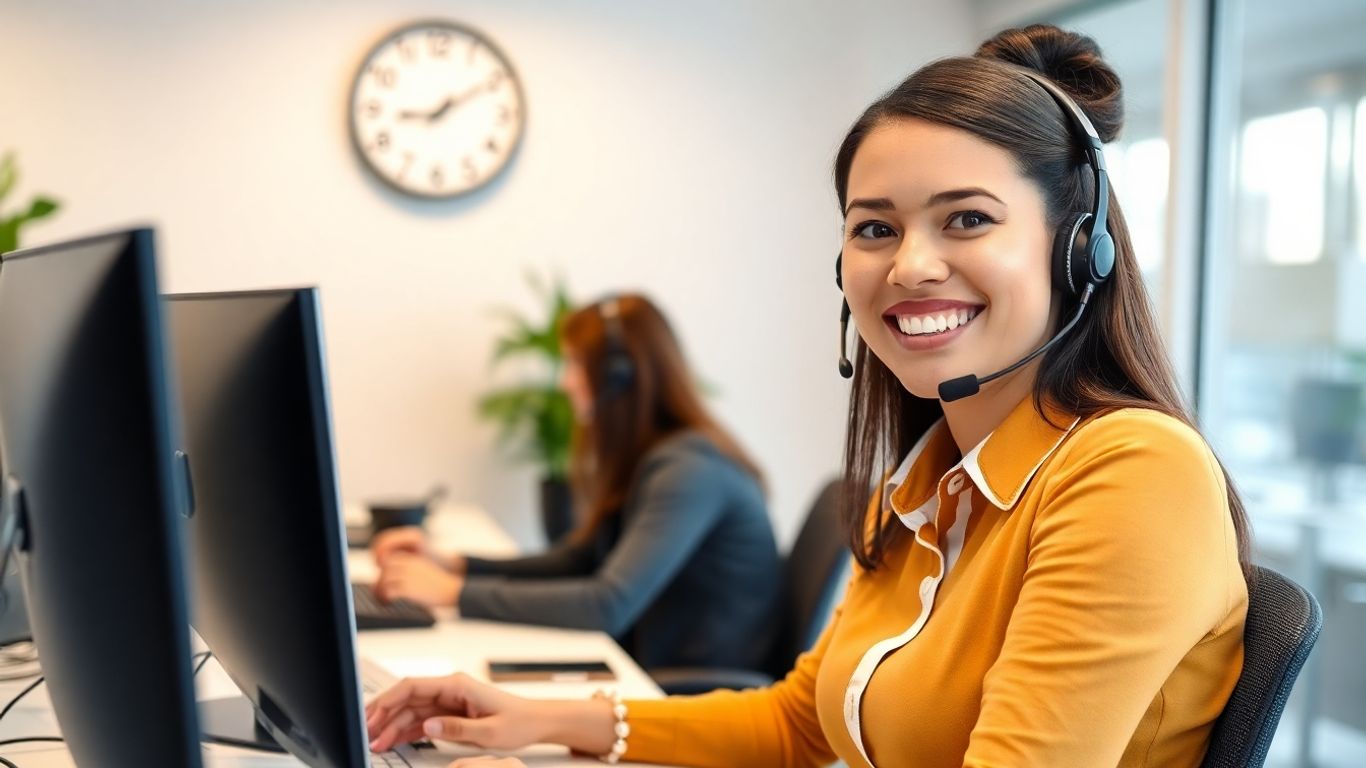 Customer service agent assisting business owner in office