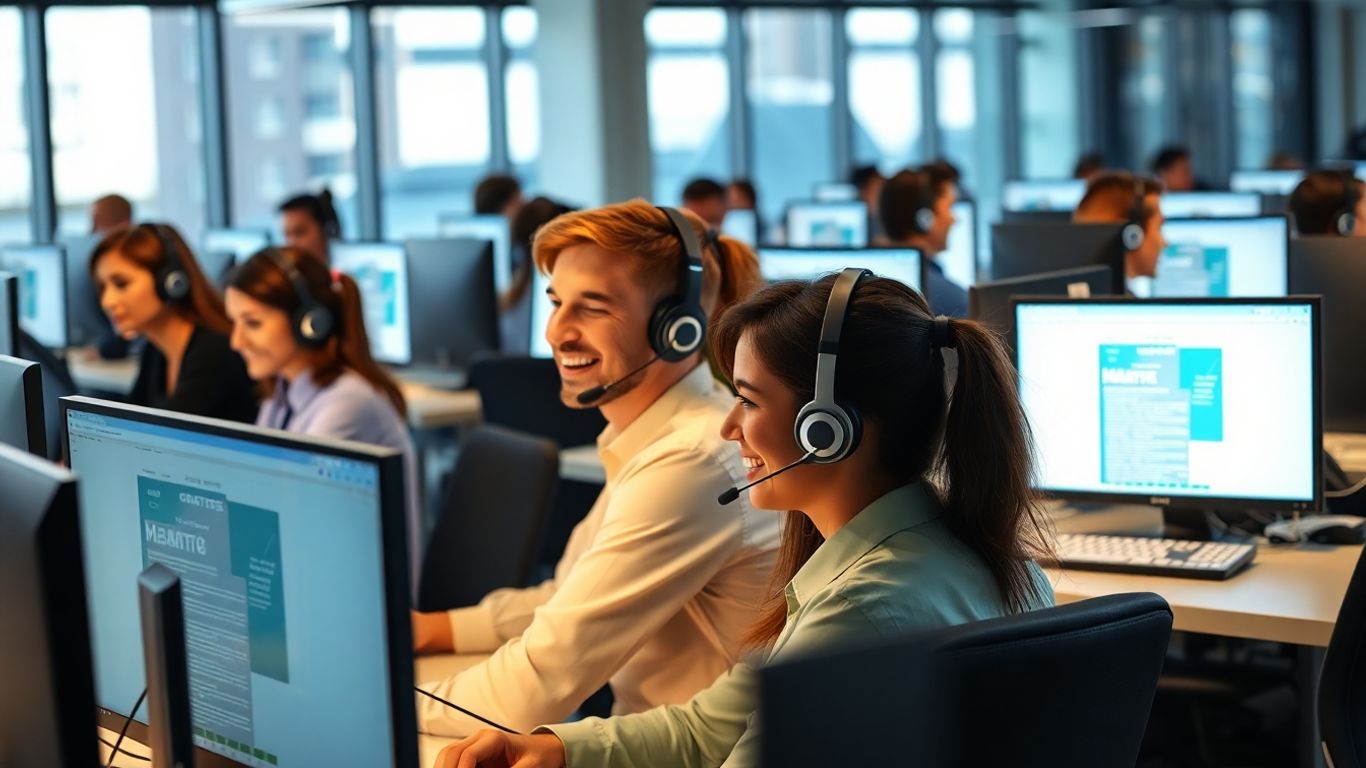 Customer service agents in modern office answering multiple calls