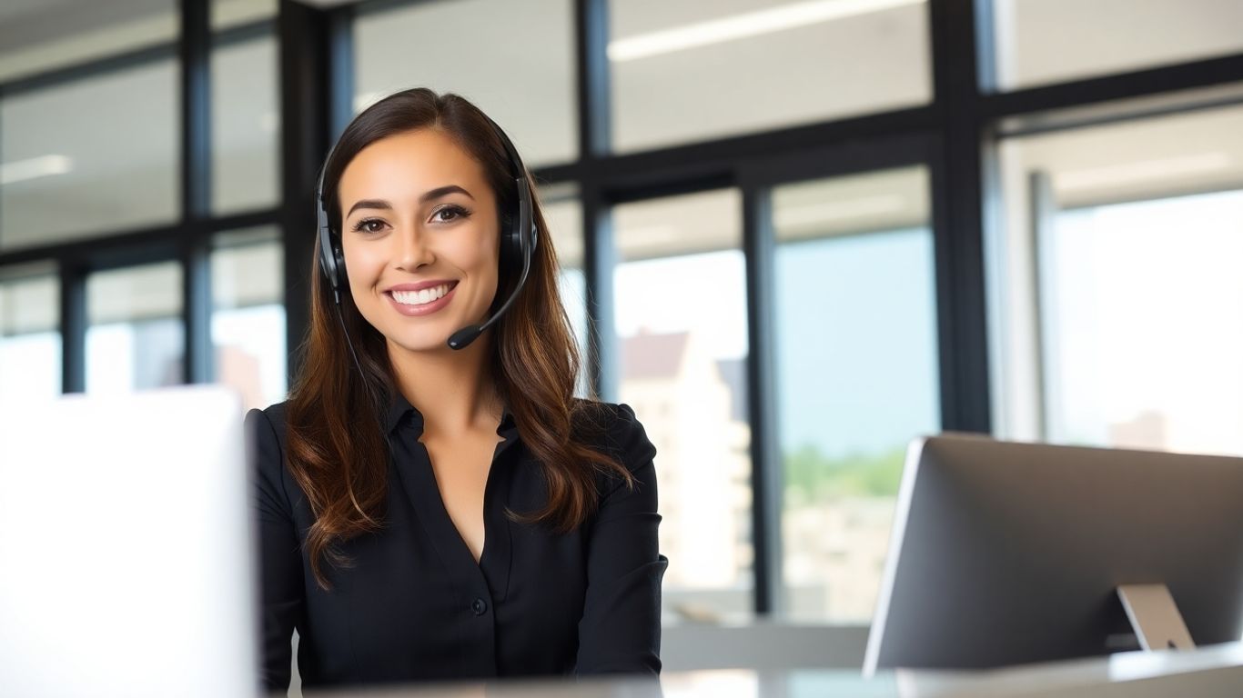 Smiling receptionist answers call in modern Plano office