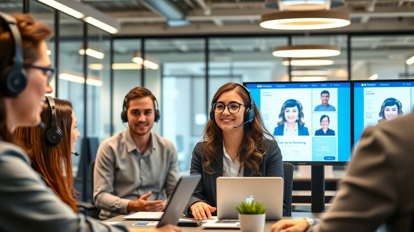 Office team using AI assistants on computers