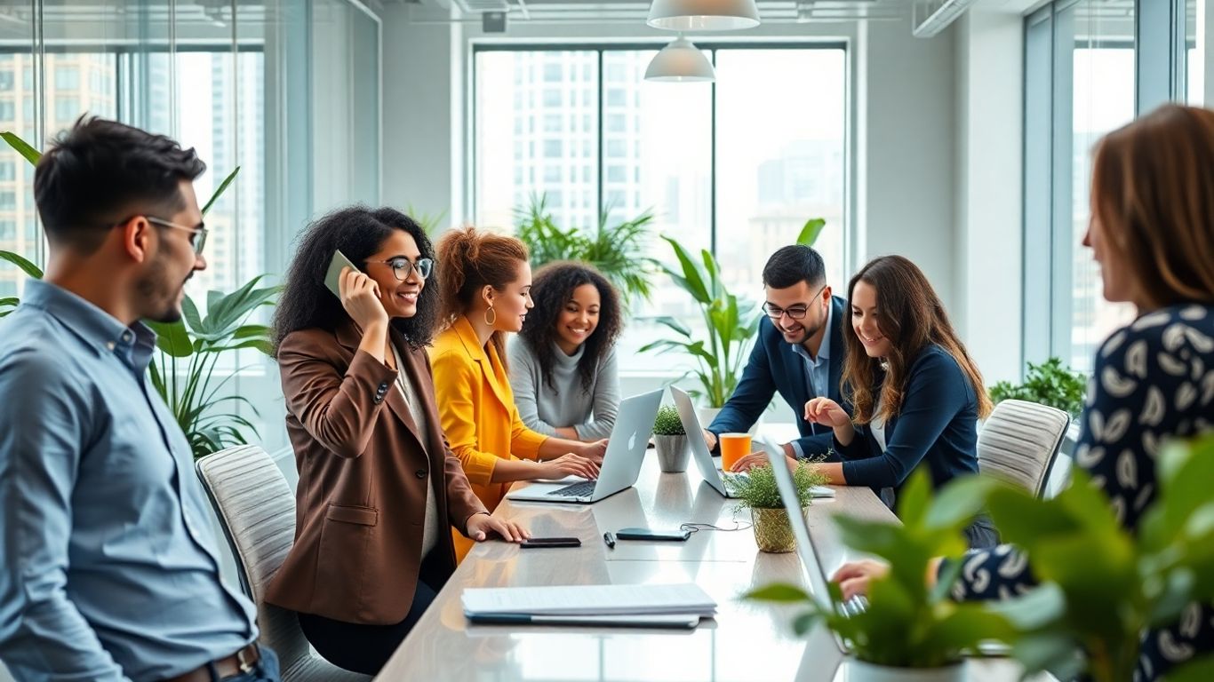 Team in modern office with phone and laptops