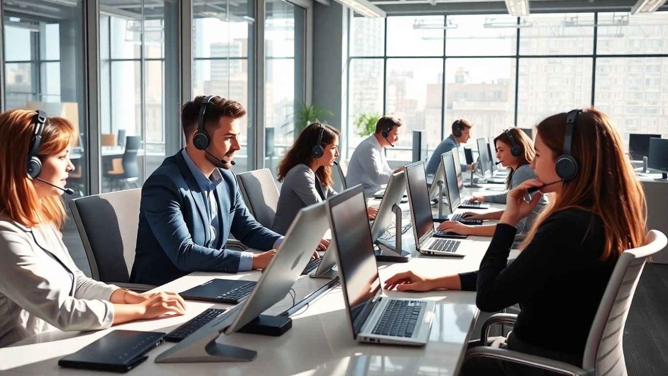 Business professionals using headsets in a bright Anaheim office