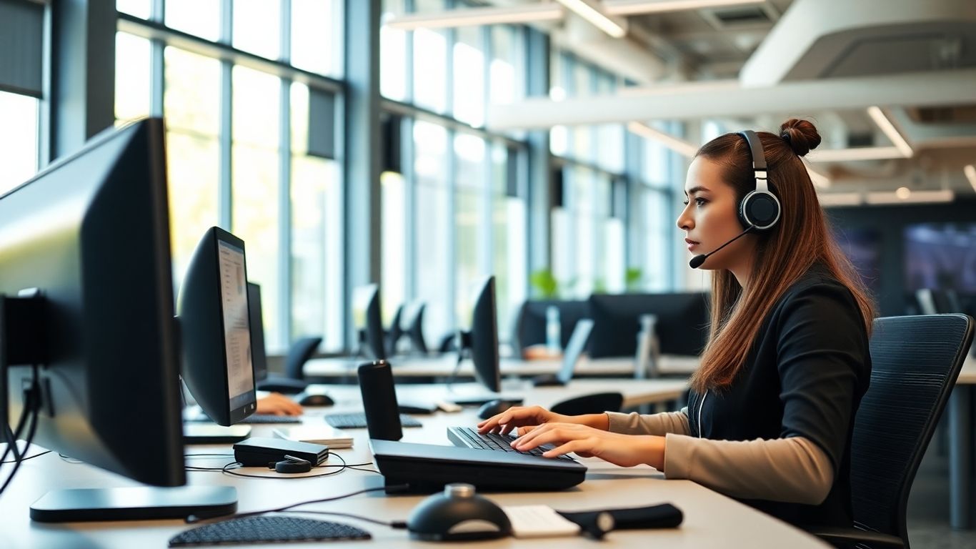 Receptionist with headset at modern desk in office