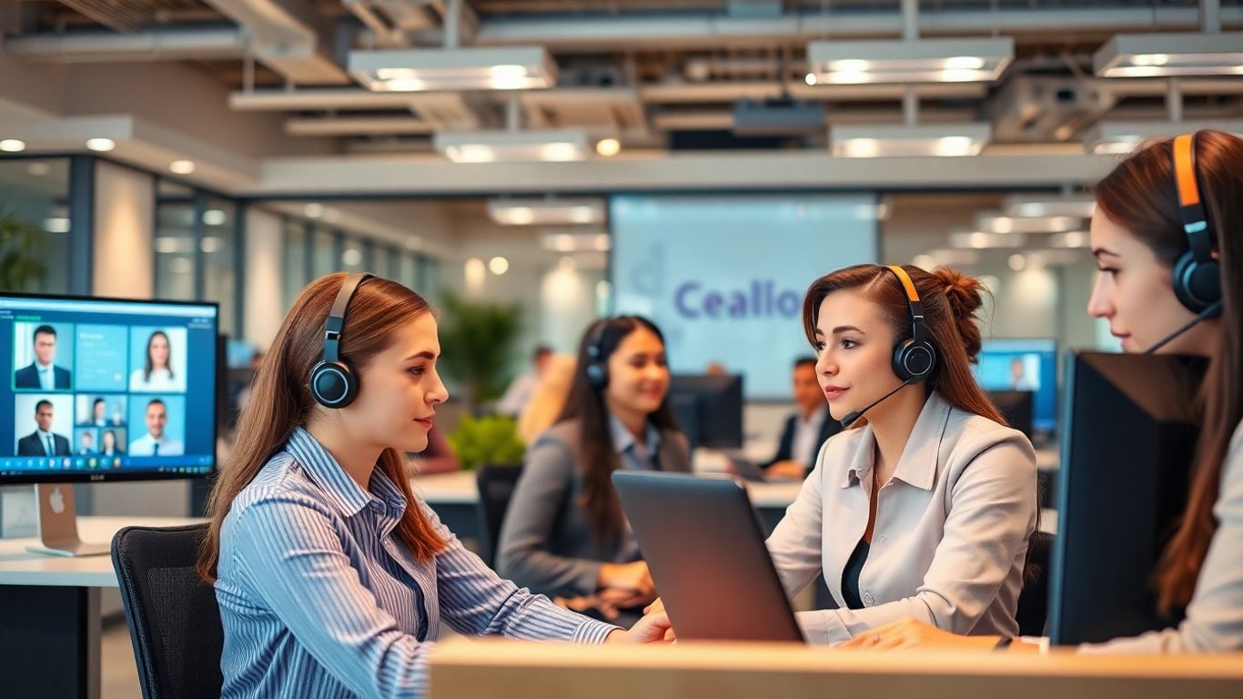 Office receptionists using headsets in modern workspace