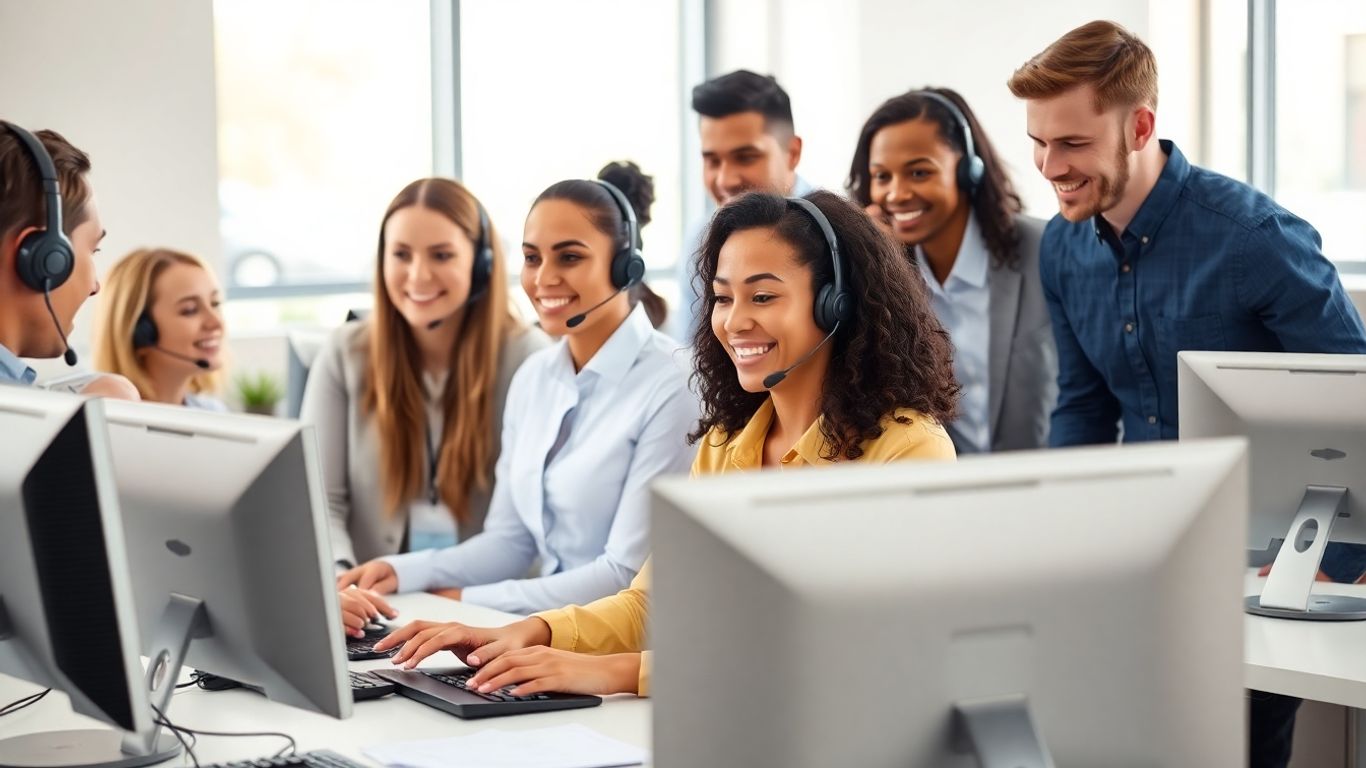 Multicultural team with headsets assisting customers in office