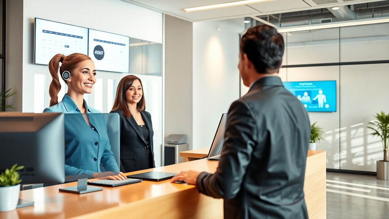AI receptionist greeting client in modern Fresno office