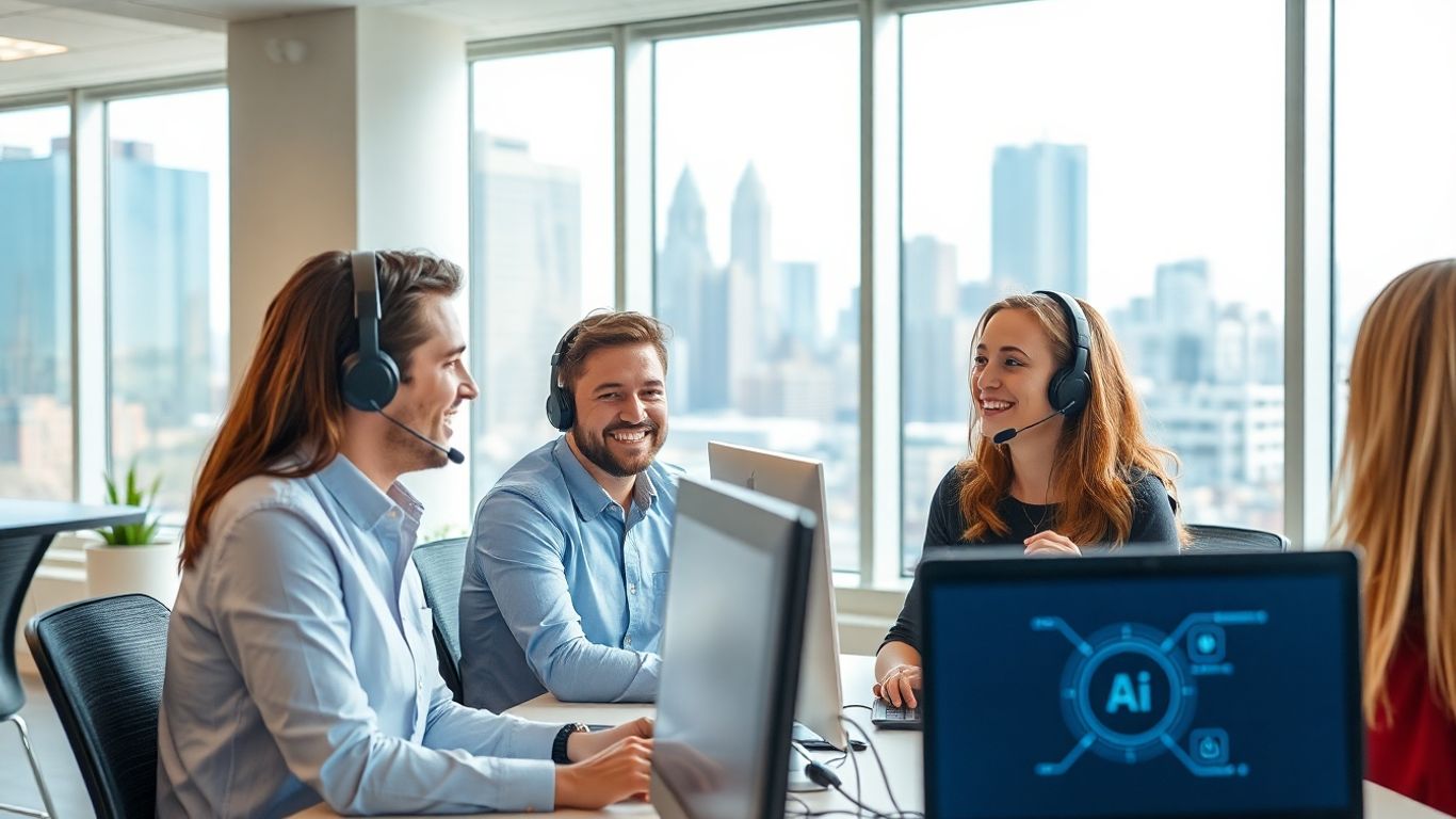Professionals using headsets in a modern Cleveland office.