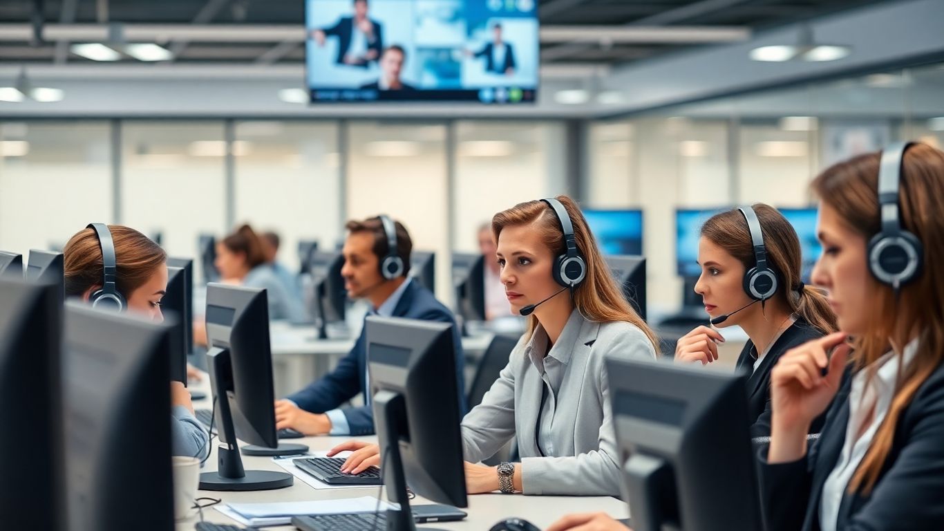 Modern office staff using headsets and advanced phones