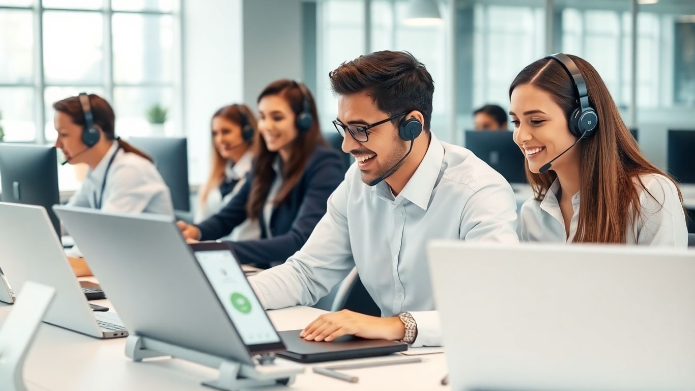People with headsets in modern high-tech office workspace.