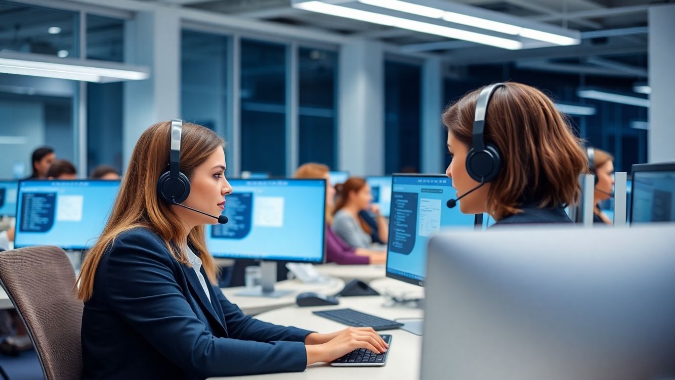 Call center agents handling business calls in office