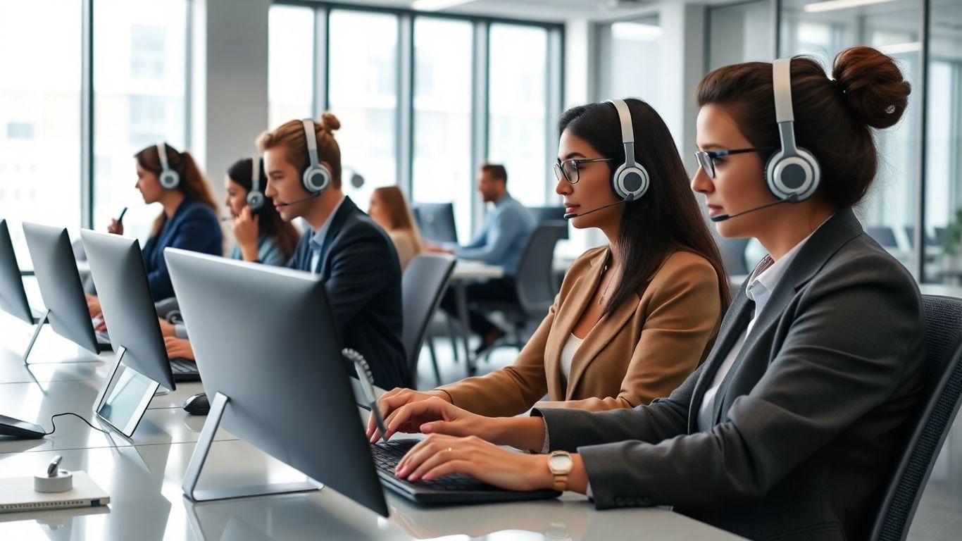 Professionals with headsets in modern office environment