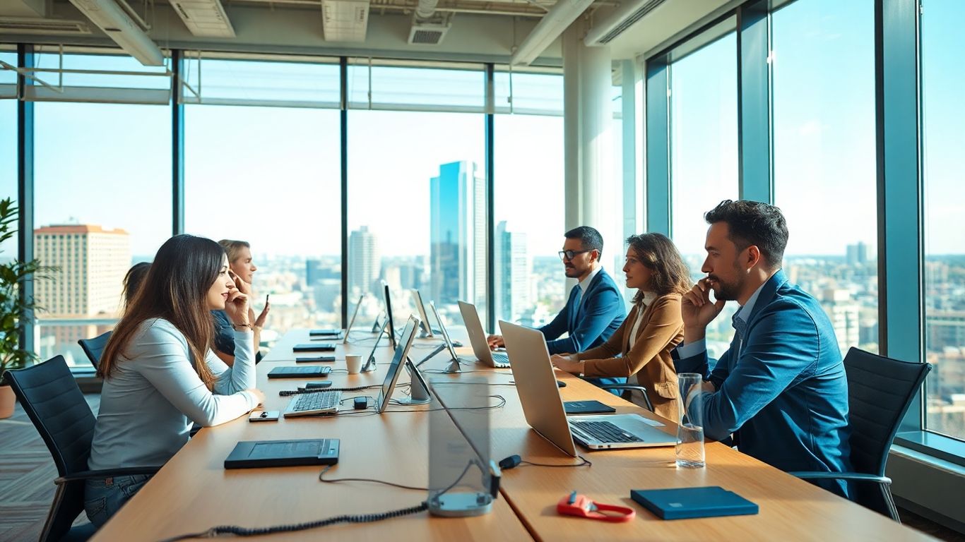 Business team in modern Baltimore office with phones