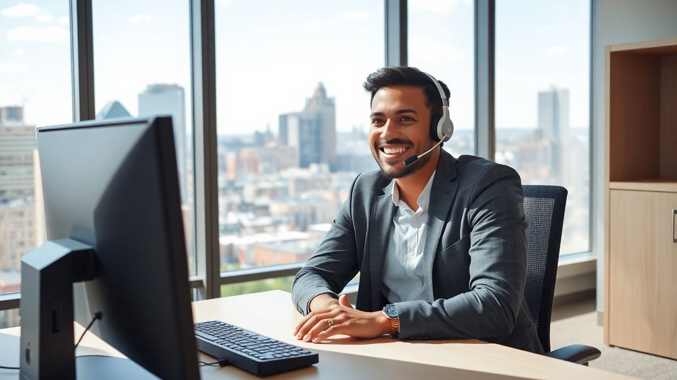 Receptionist with headset in Baltimore office answering calls