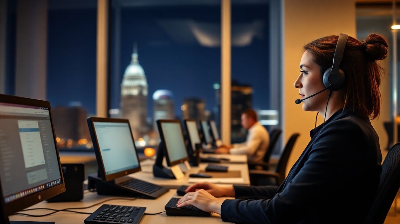 Office worker in Baltimore answering phone calls at night