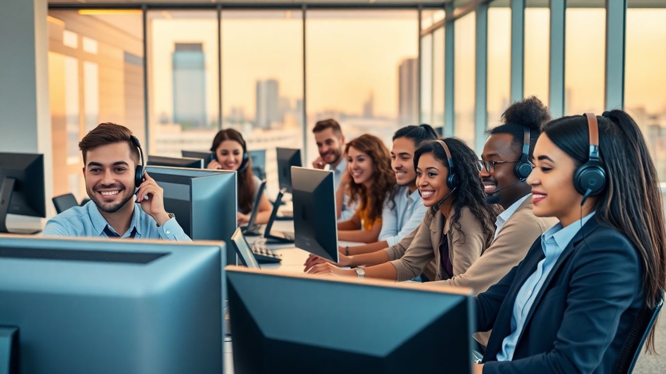 Professionals at call center desks using headsets in office.