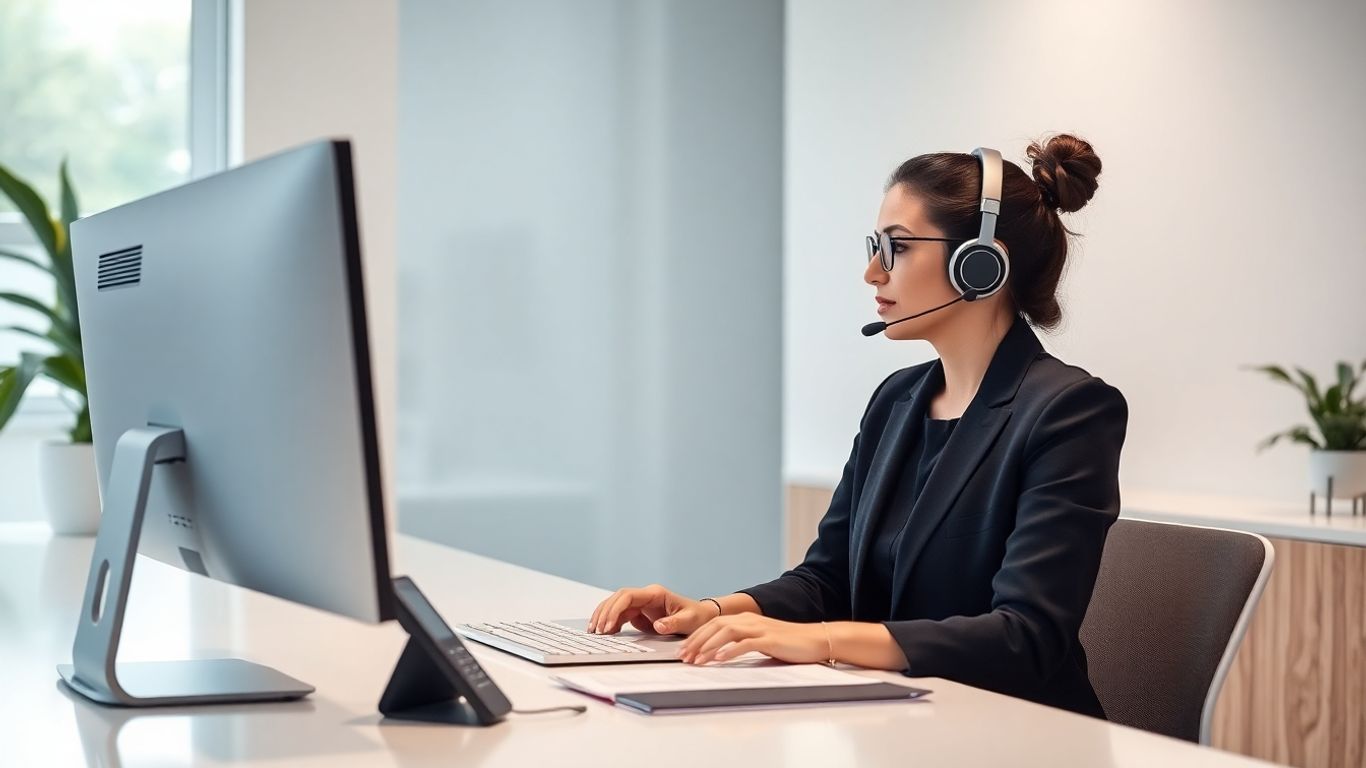 Receptionist using AI-powered voicemail system in modern office