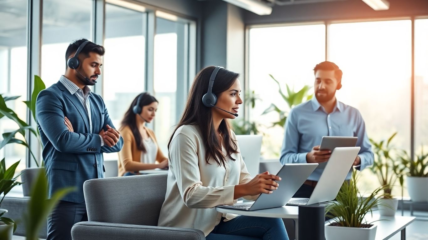 Modern office staff using headsets and digital devices
