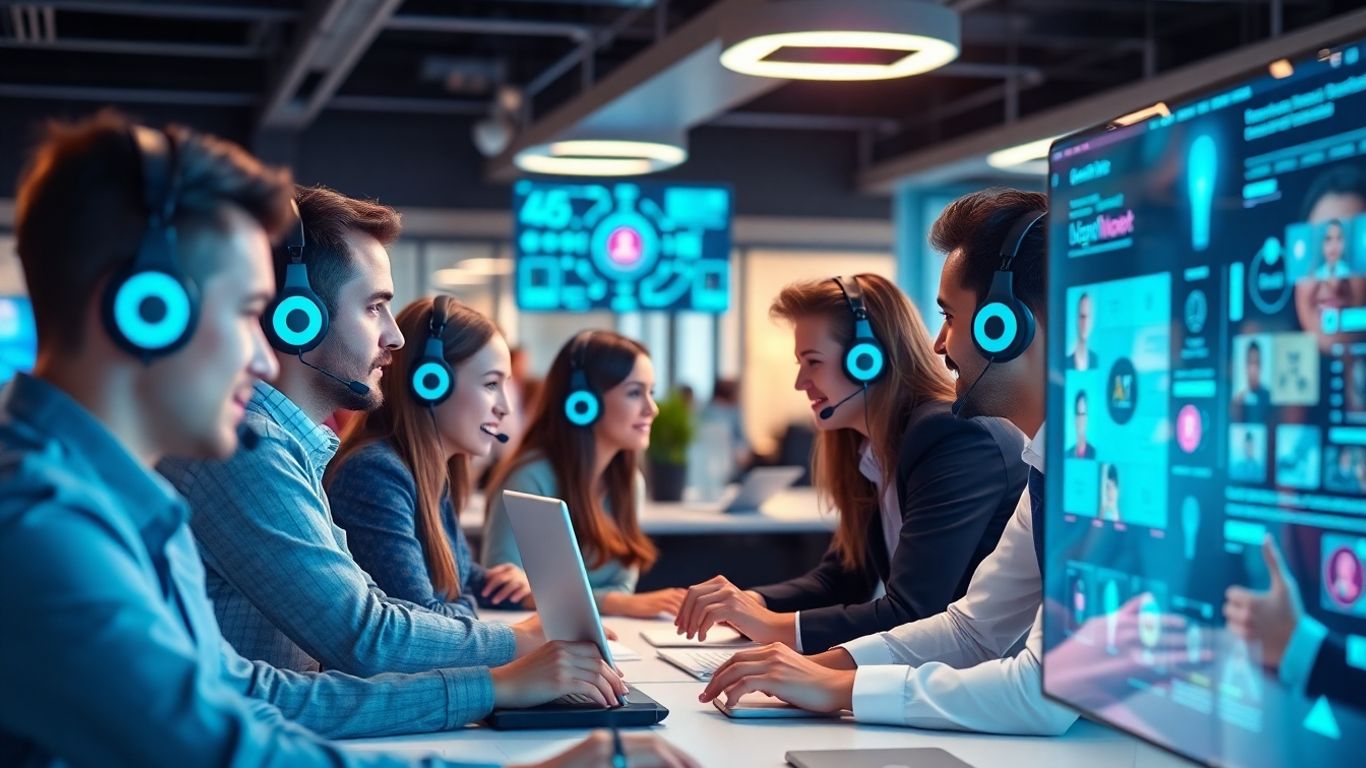 Modern office professionals using AI-driven communication technology