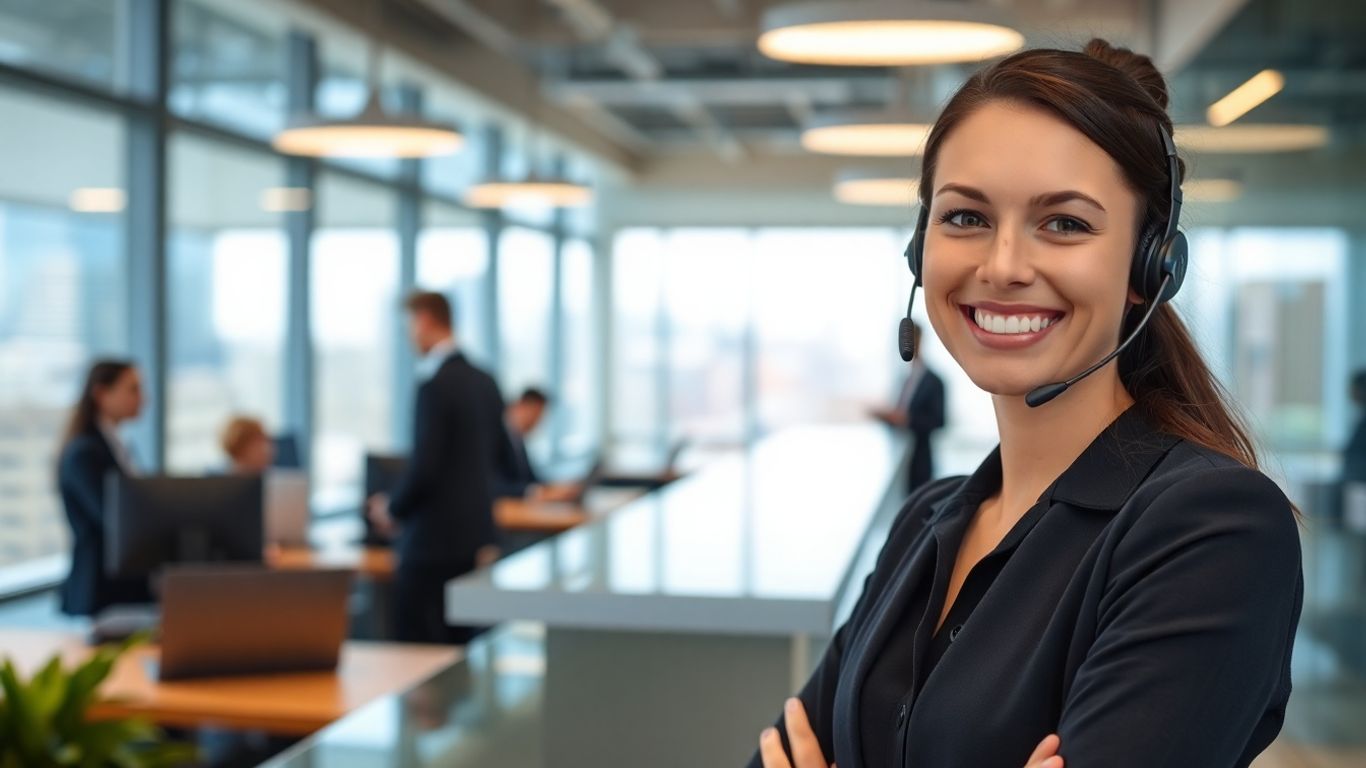 Receptionist answering phone in Pittsburgh office setting