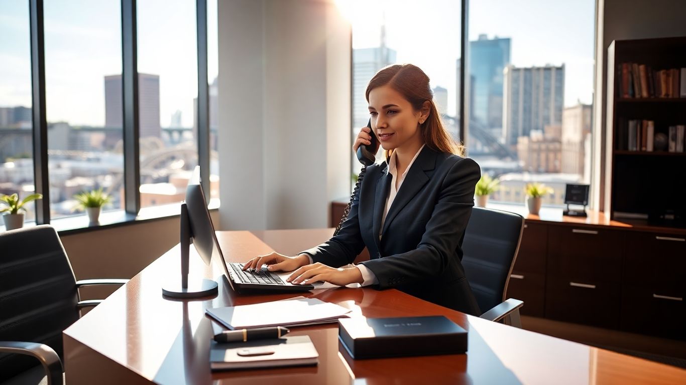 Receptionist answering phone with Pittsburgh skyline background