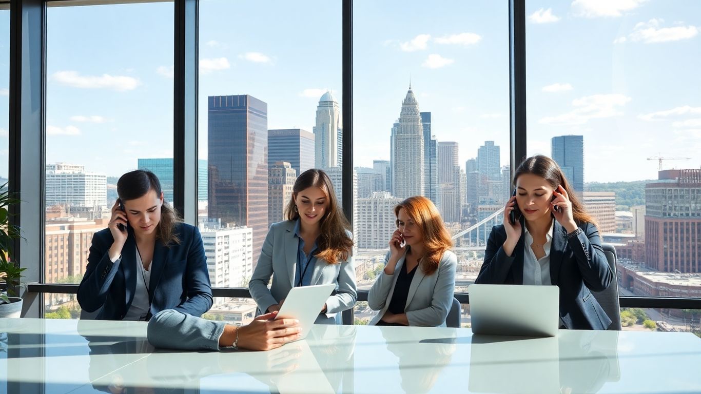 Business professionals on phones in Pittsburgh office skyline