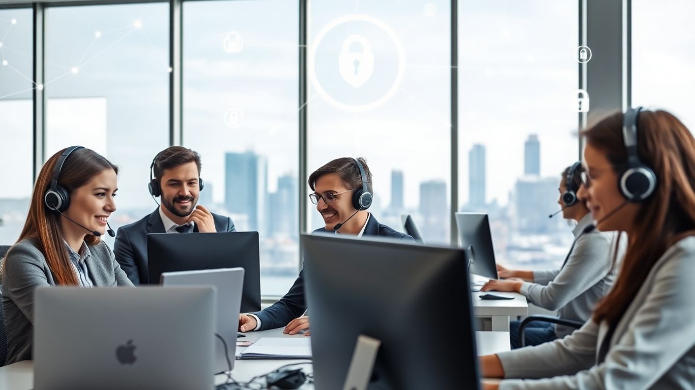 Professionals using headsets in Buffalo office, secure workspace