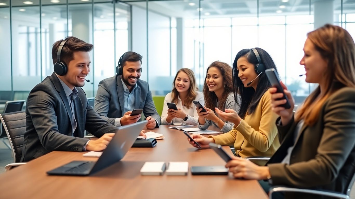 Modern office staff with headsets collaborating efficiently