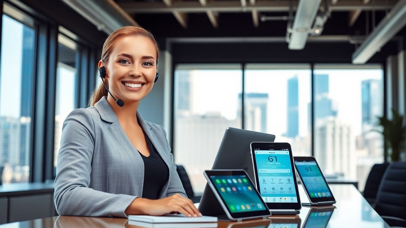 Receptionist with headset using business apps in office