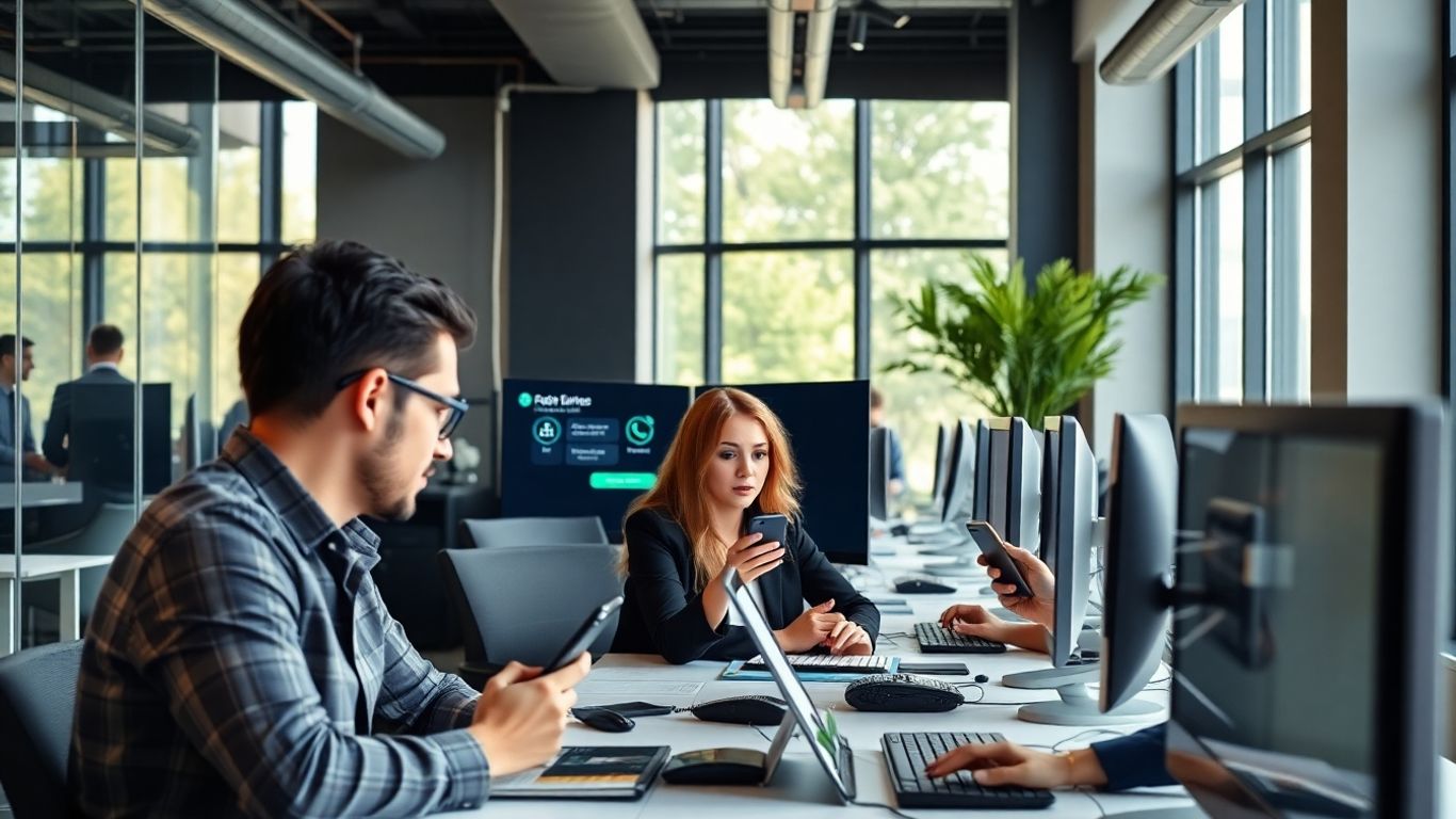 Office workers using devices for automated business communication