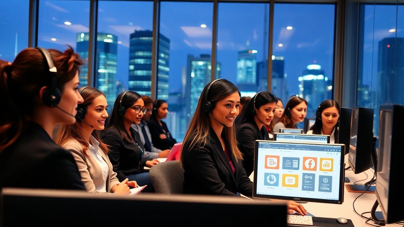 Professional answering service team working with business tools.