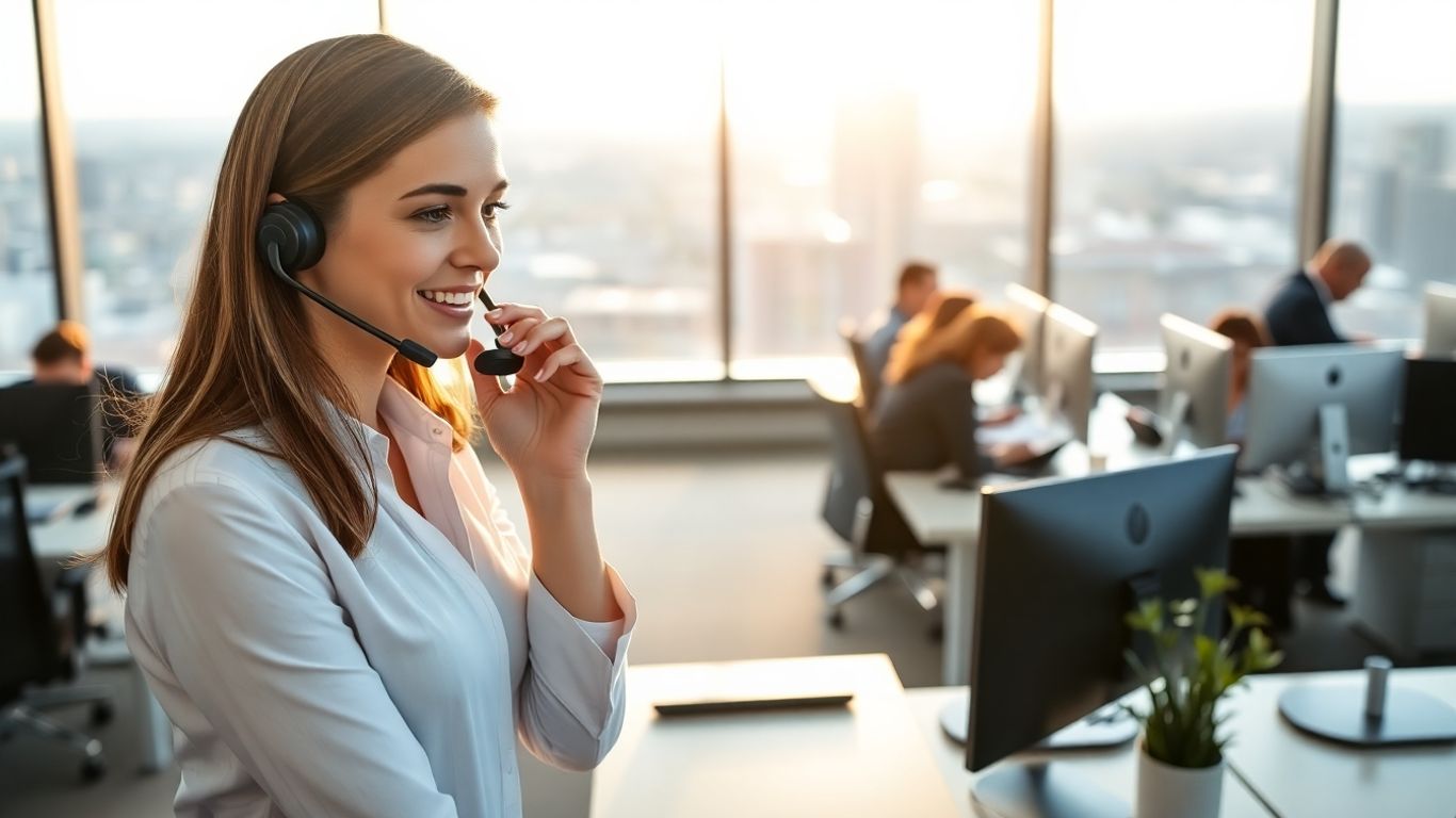 Business receptionist on headset in modern Oakland office