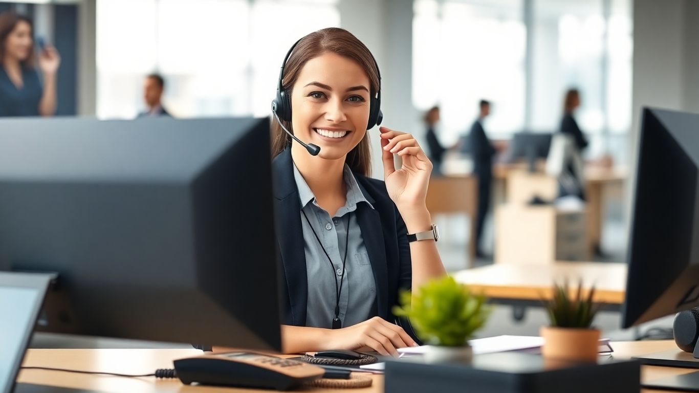 Receptionist answering phone in modern professional office setting