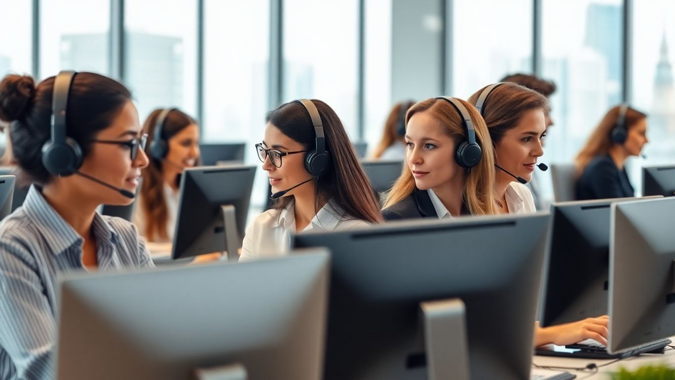 Business professionals in a bustling call center office