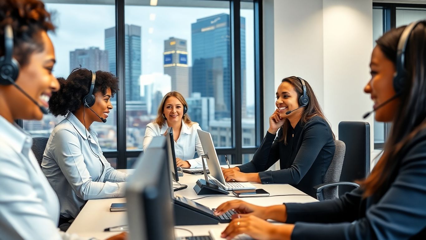 Professionals on headsets in modern Newark office setting