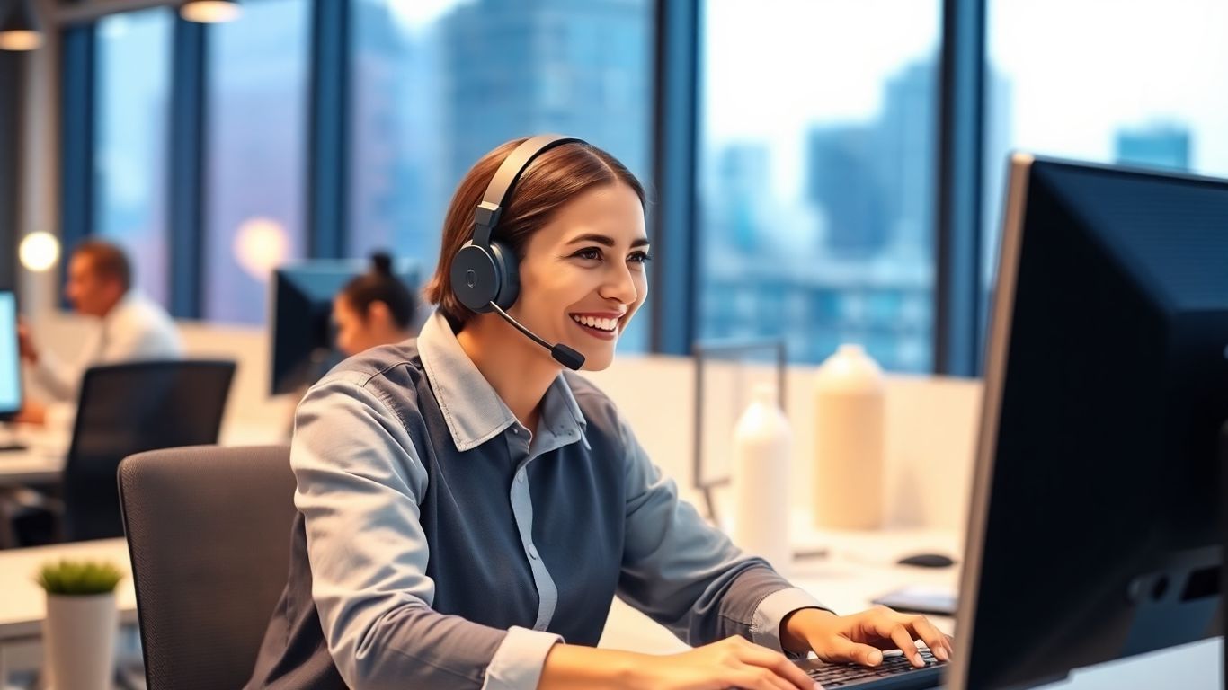 Smiling call center agent assisting customer on phone