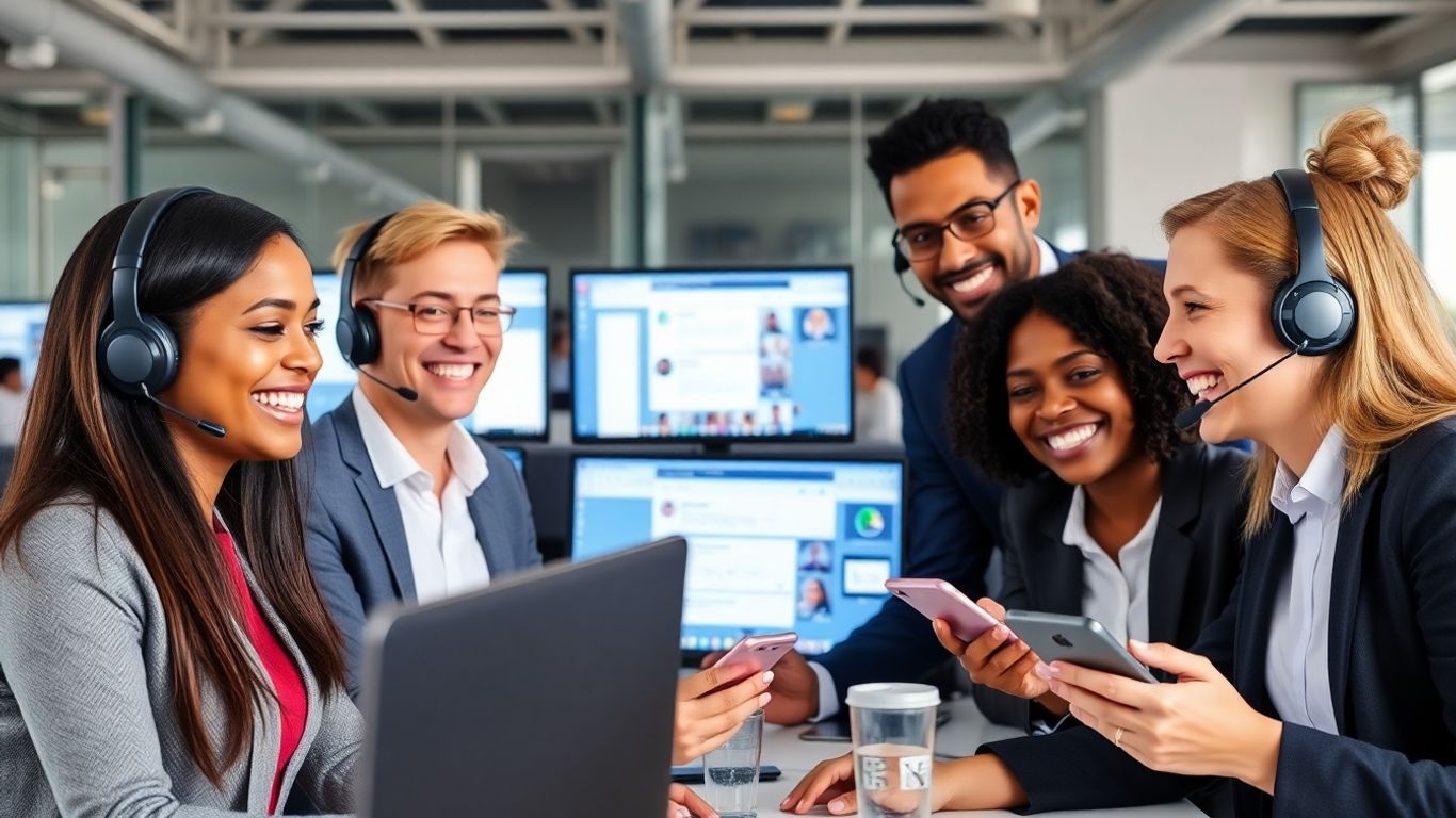 Newark professionals using phones and computers in office
