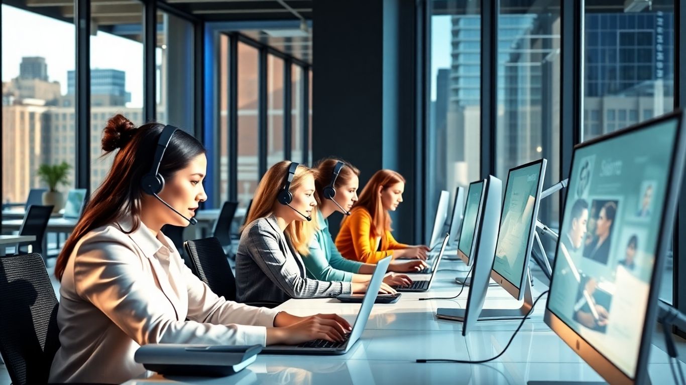 Business team answering calls in modern Newark office