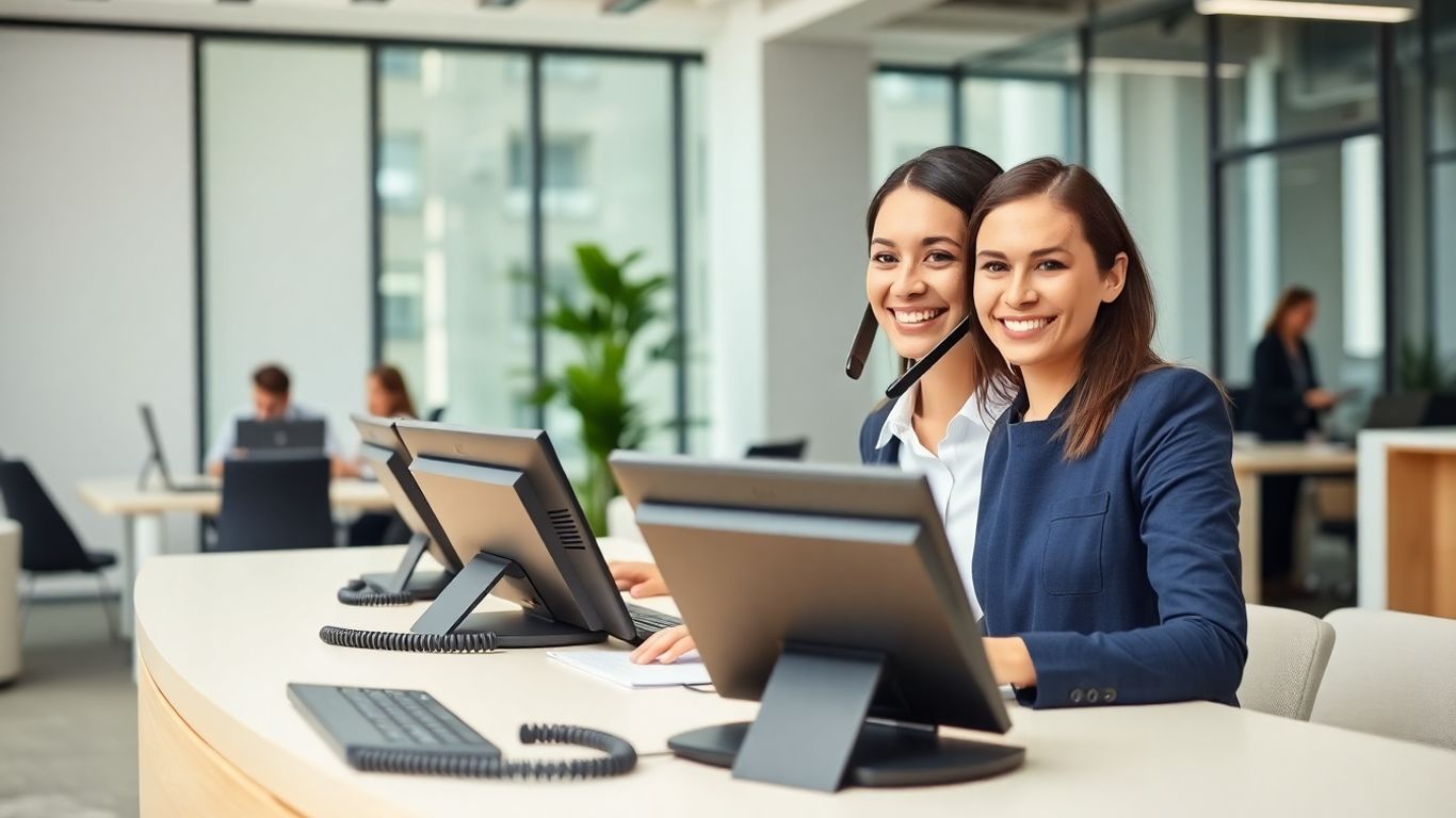 Receptionist taking business calls in a modern office