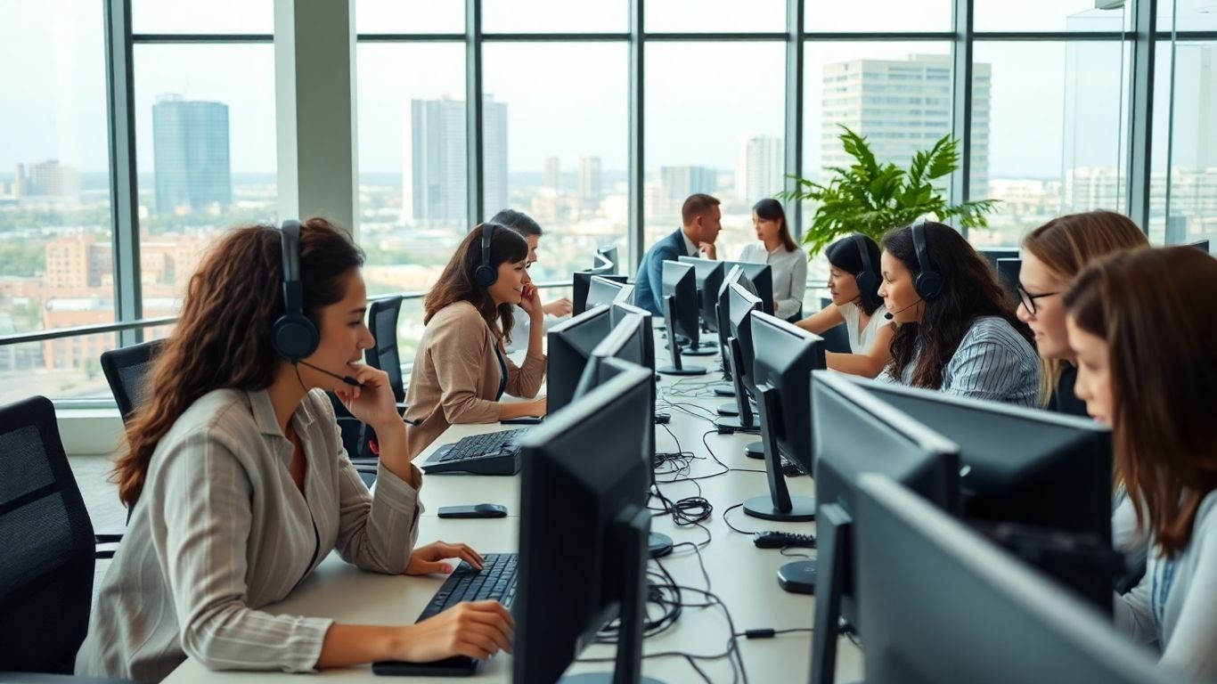 Office workers with headsets managing calls in bright Toledo office