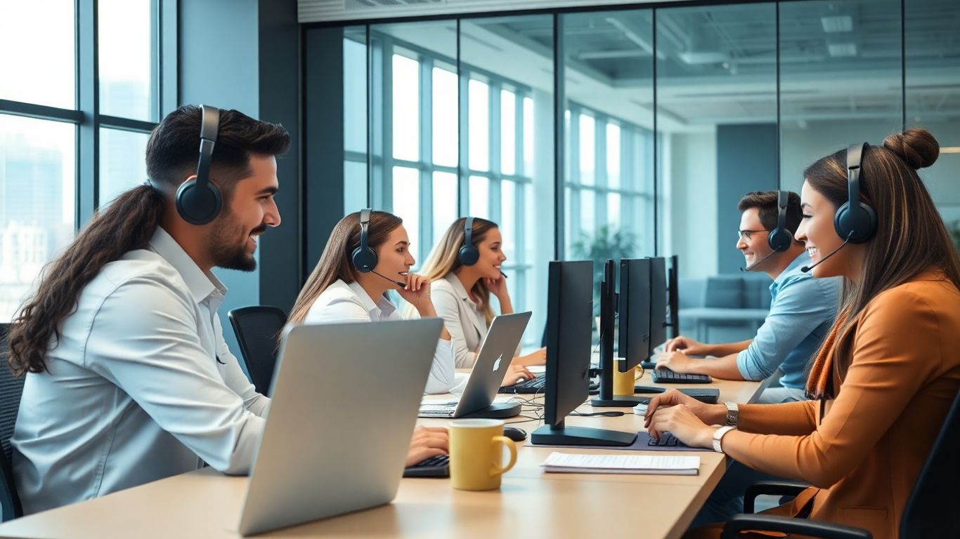 Team in office with headsets handling calls professionally.