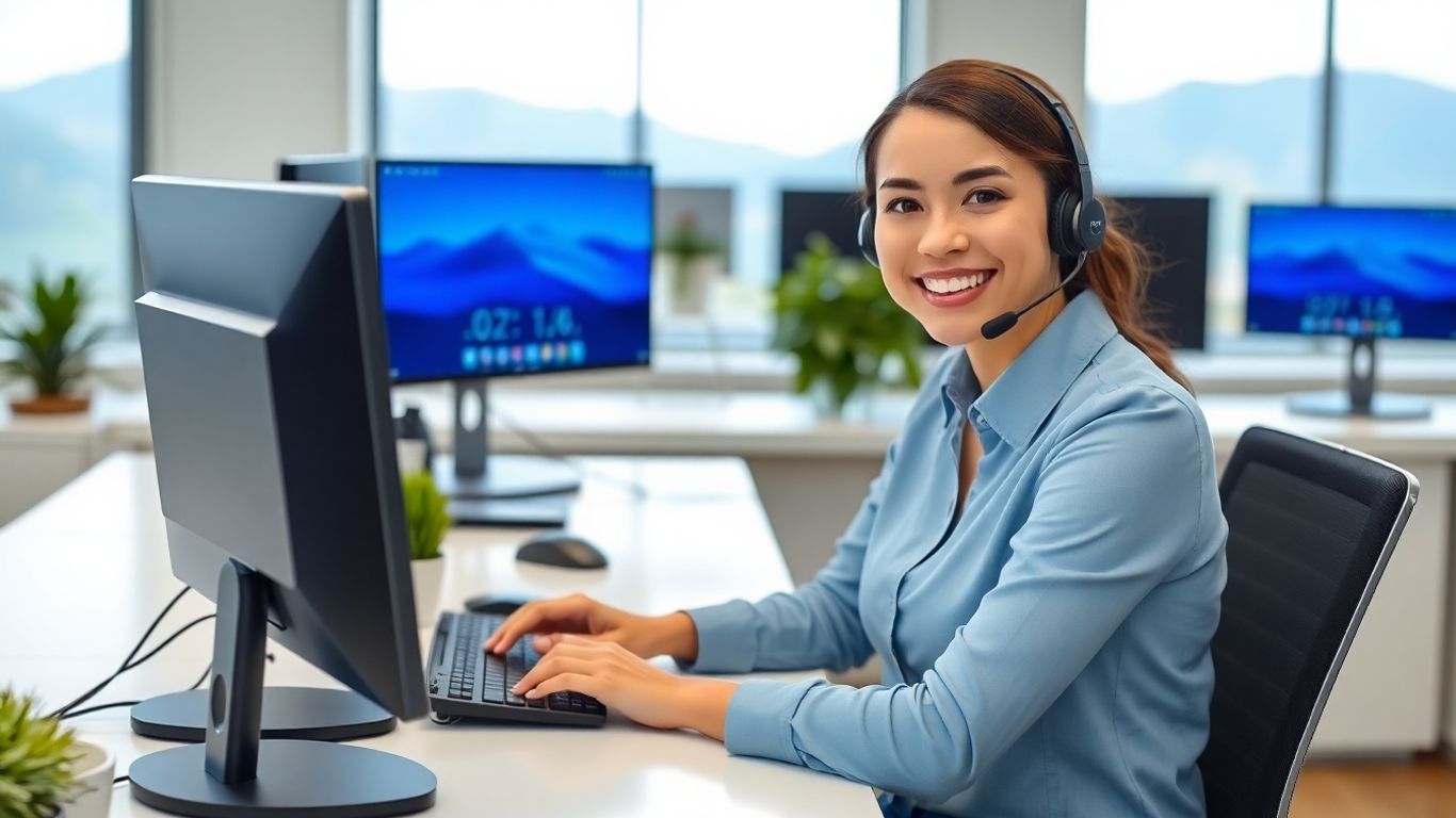 Customer service agent in modern office with mountain view