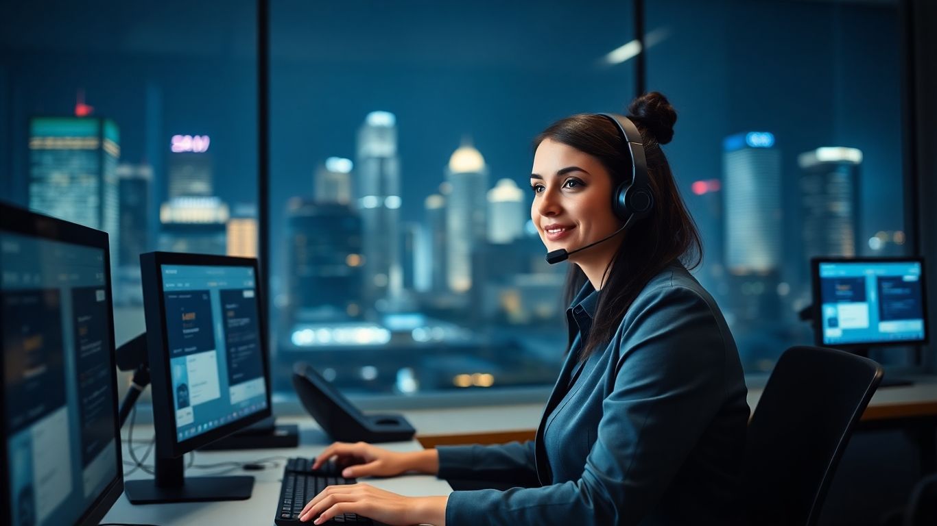 Call center agent with headset in modern office at night.