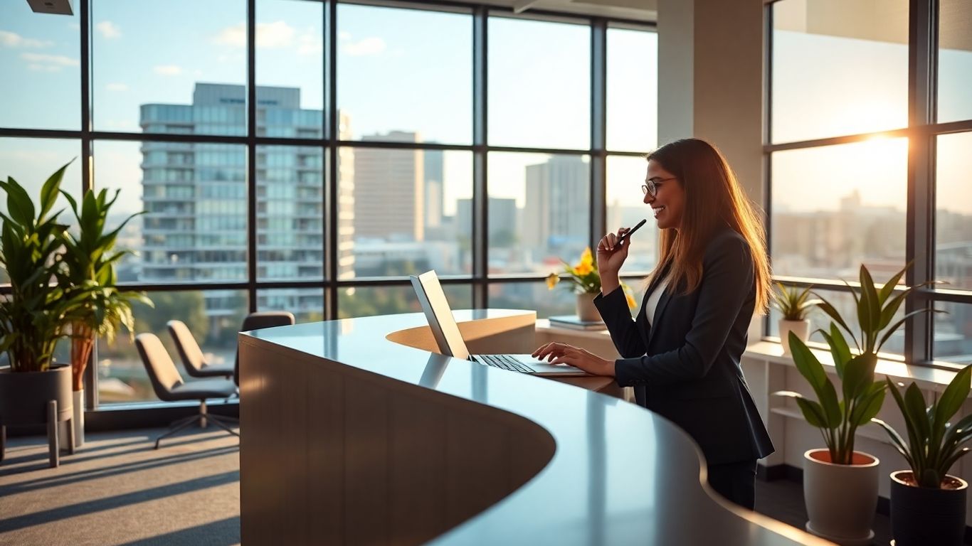 Receptionist in Portland office answering business phone call