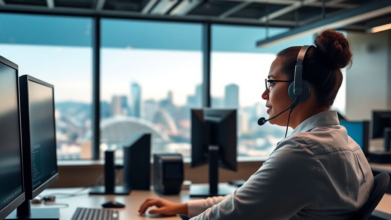 Answering service professional in a Portland office setting