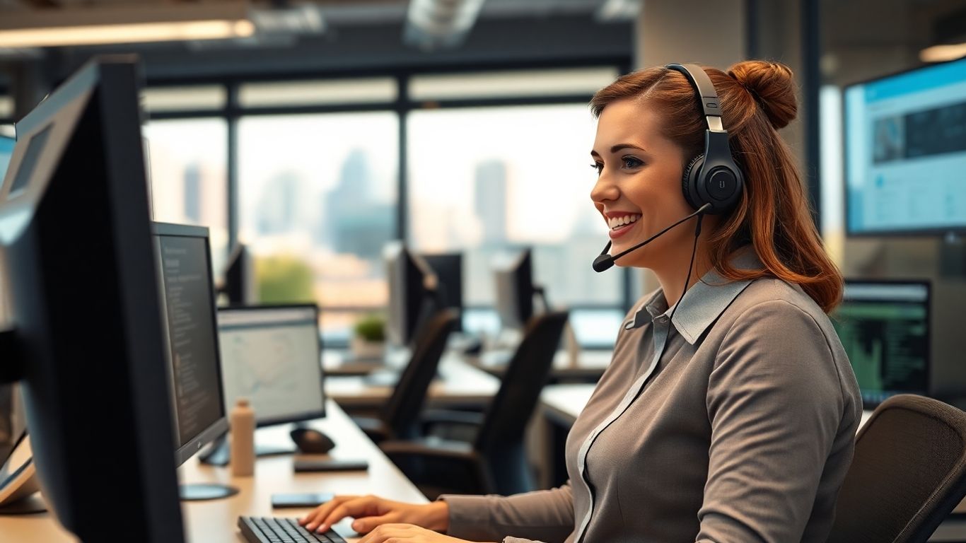 Answering service agent in modern Portland office workspace