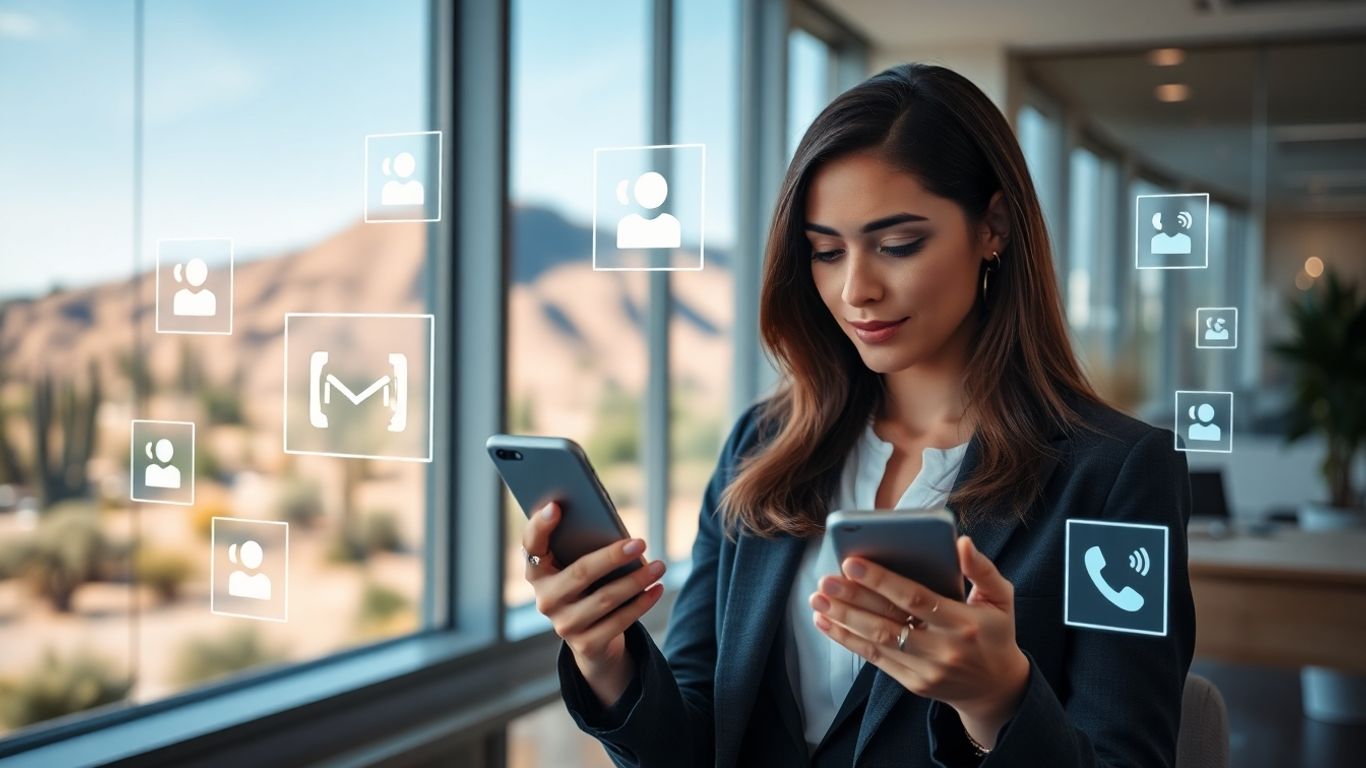 Businesswoman using AI voicemail in Tucson office